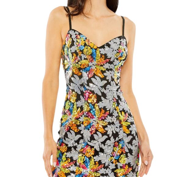 Mac Duggal NWT 26867 Black Sequined Floral Detail Mini Dress Size 2 Sweetheart - Picture 2 of 10